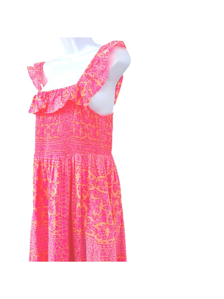 Vineyard Vines Neon Tortola Smocked Midi Dress Vibrant Pink Orange Size Medium — image 4 of 8